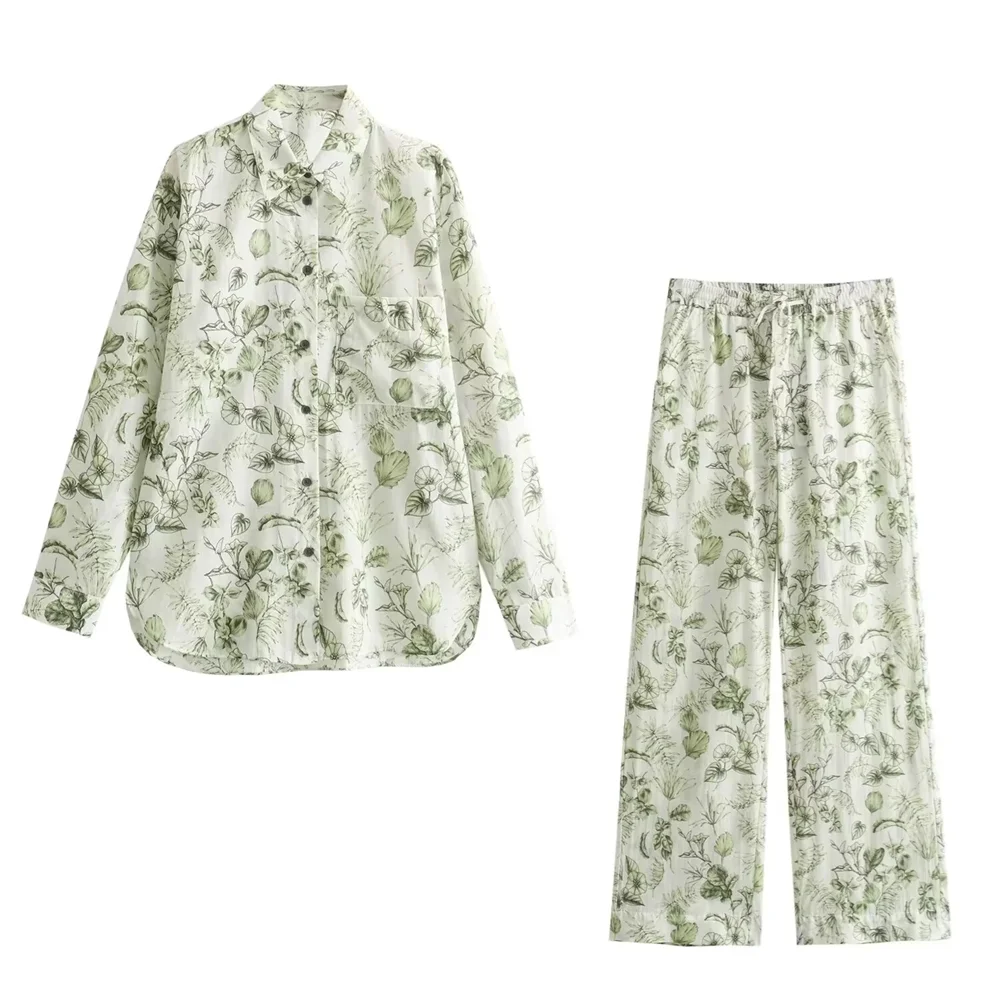 Casual Loose Printed Shirt and Wide Leg Pants Set for Women, perfect for comfort and style in everyday wear.