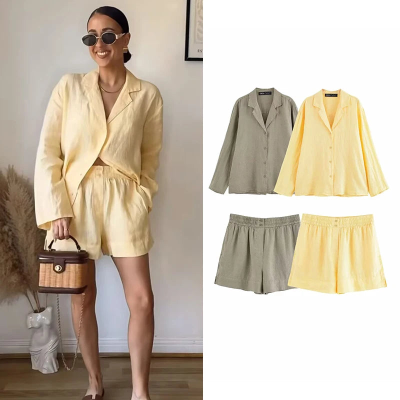 Chic Summer Women's Two-Piece Set Casual Straight Shirt and Shorts Matching Outfit for Street and Leisure Wear in yellow.