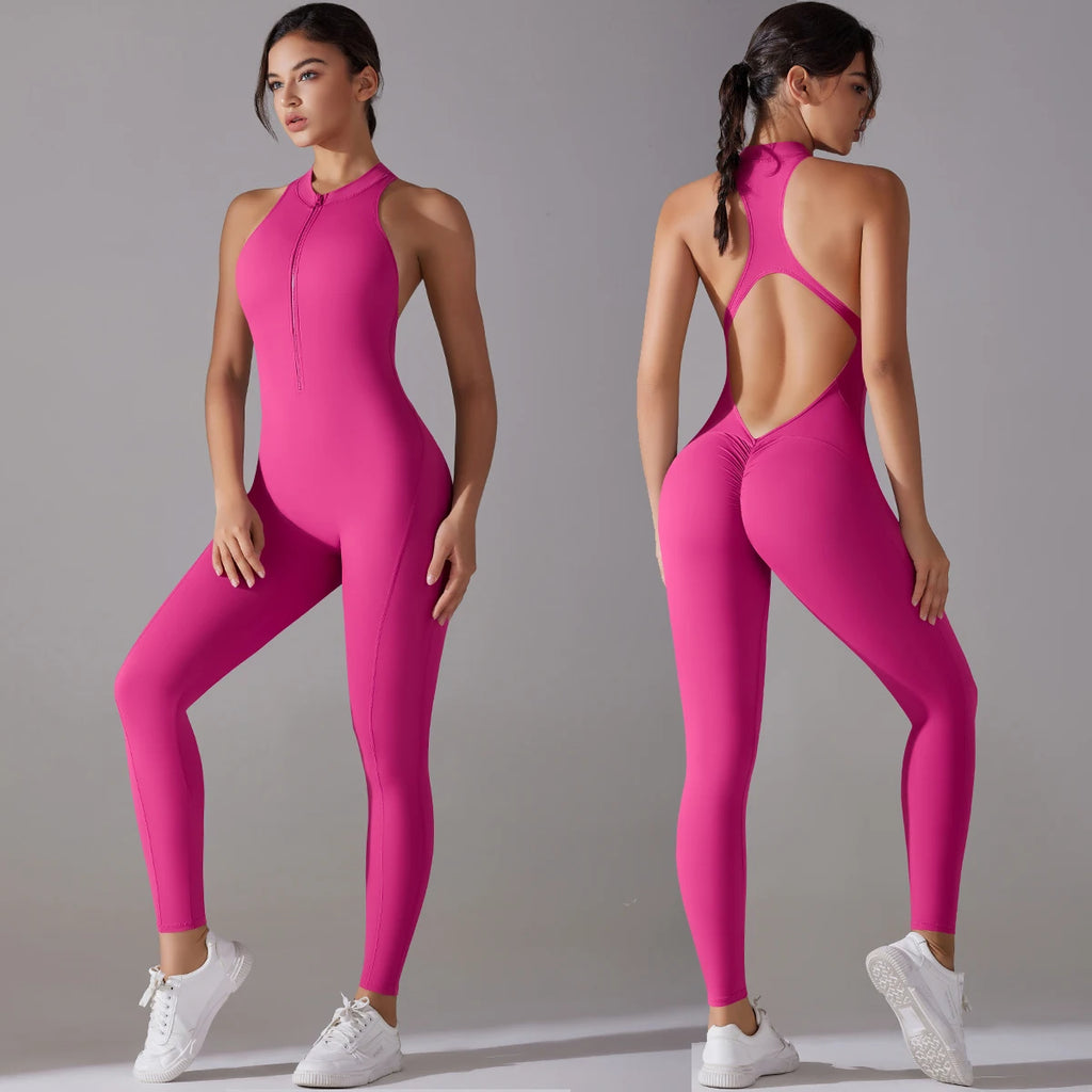 Sexy Hollow Backless Sleeveless Sporty Jumpsuit with Scrunch Butt Lift Zip One Piece Yoga Fitness Overalls for Women