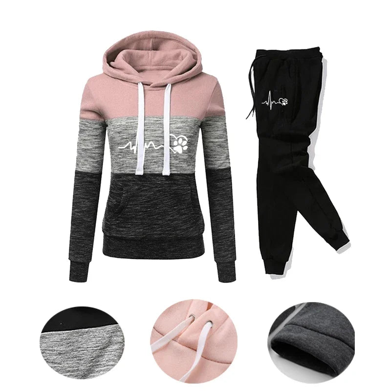 Womens Color Block Hooded Sweatshirt and Jogging Sweatpants Set Casual Fashion Pullover Tracksuit S to 3XL, stylish and comfy.