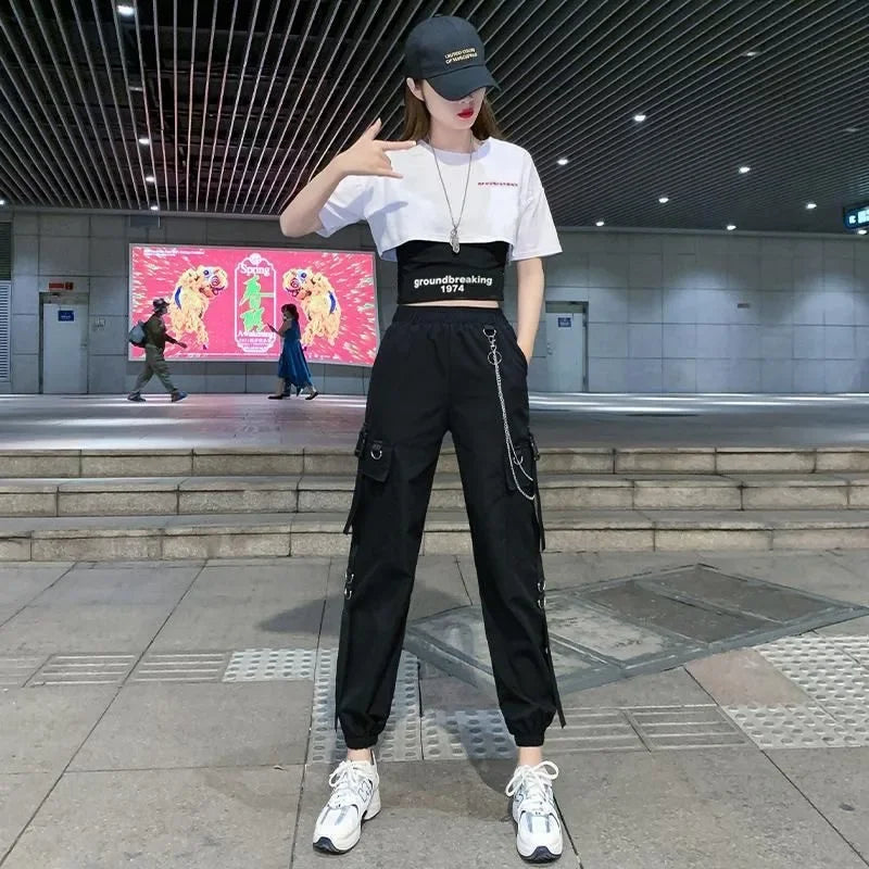 Korean Style Women Summer Two Piece Set White T Shirt And Black Cargo Pants