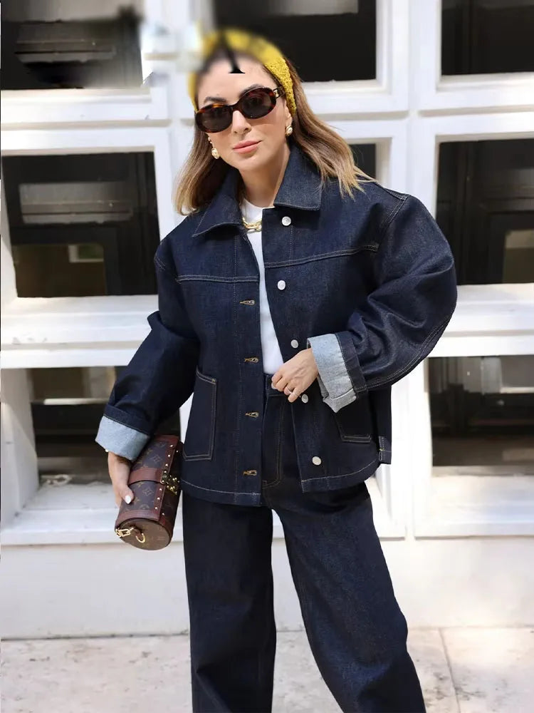 Women's Denim Jacket And Pants Set With Baggy Fit, Casual Streetwear Outfit For Everyday Style