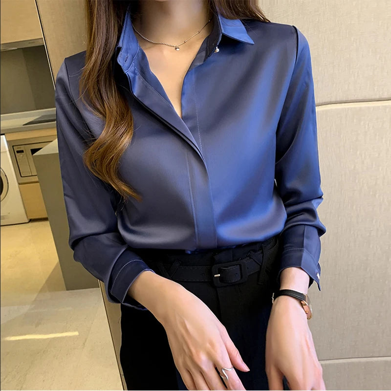 Elegant Satin Women Blouse Long Sleeve Shirt Autumn Fashion Tops for Ladies Office and Casual Wear, perfect for stylish looks.