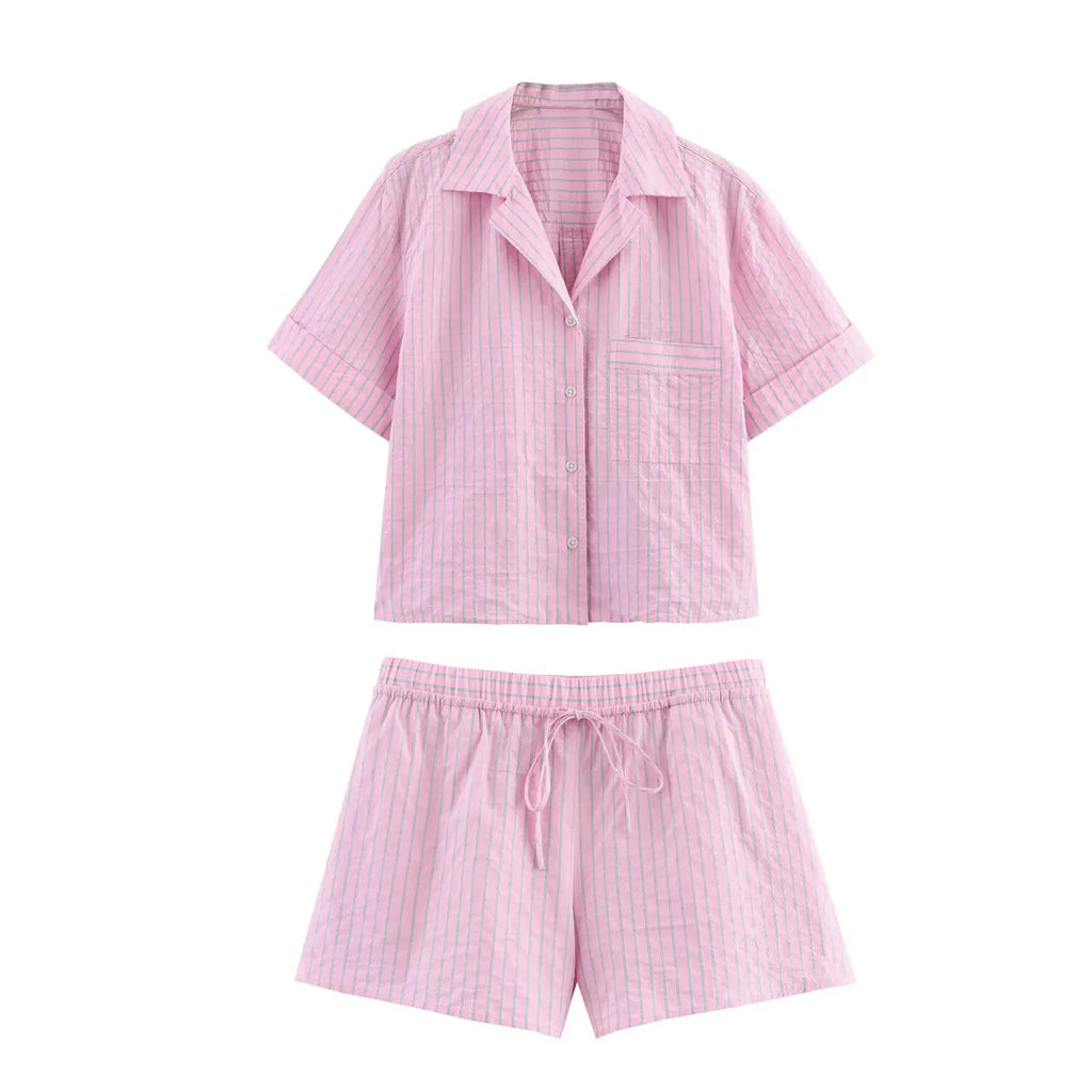 Women’s Striped Lapel Short-Sleeve Shirt and Elastic Waist Shorts Set Casual Slim Chic Summer Suit in soft pink stripes.
