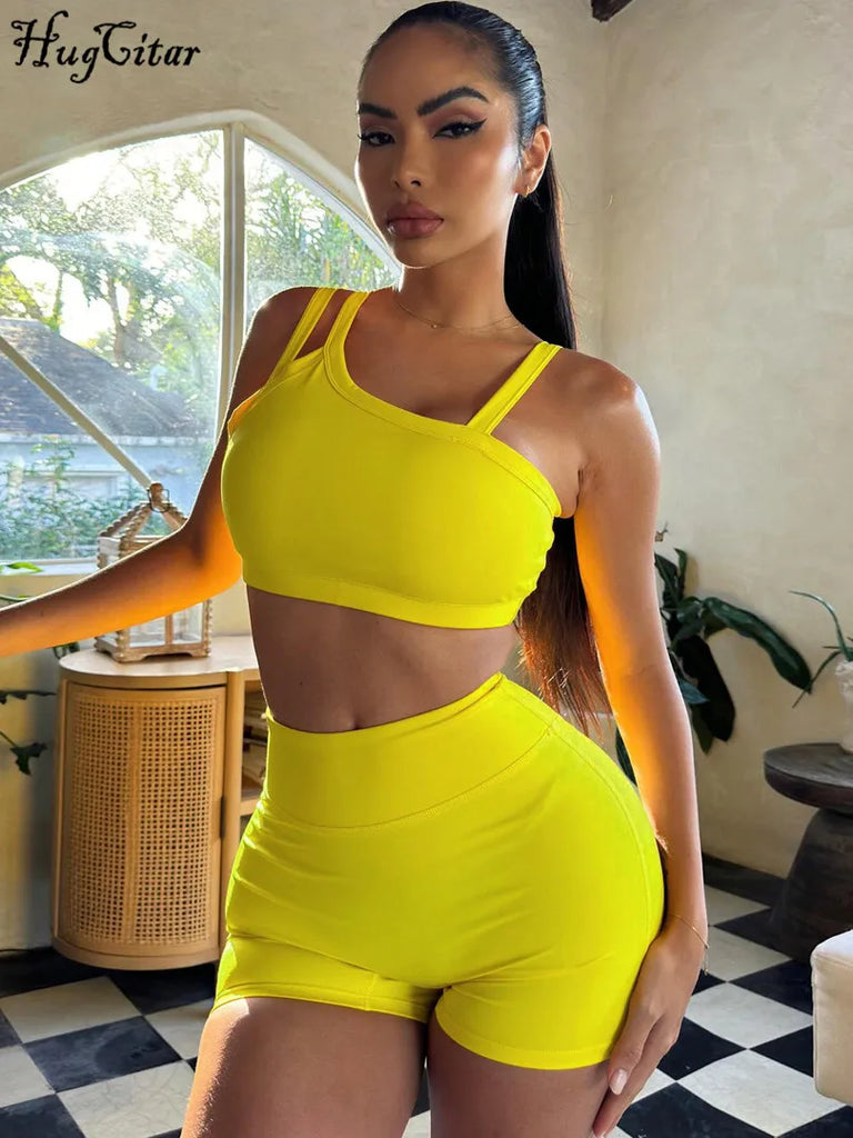 Bright yellow Summer Two Piece Set Women Solid Straps Backless Sexy Crop Tank Top with Draped Slim Shorts by Hugcitar.
