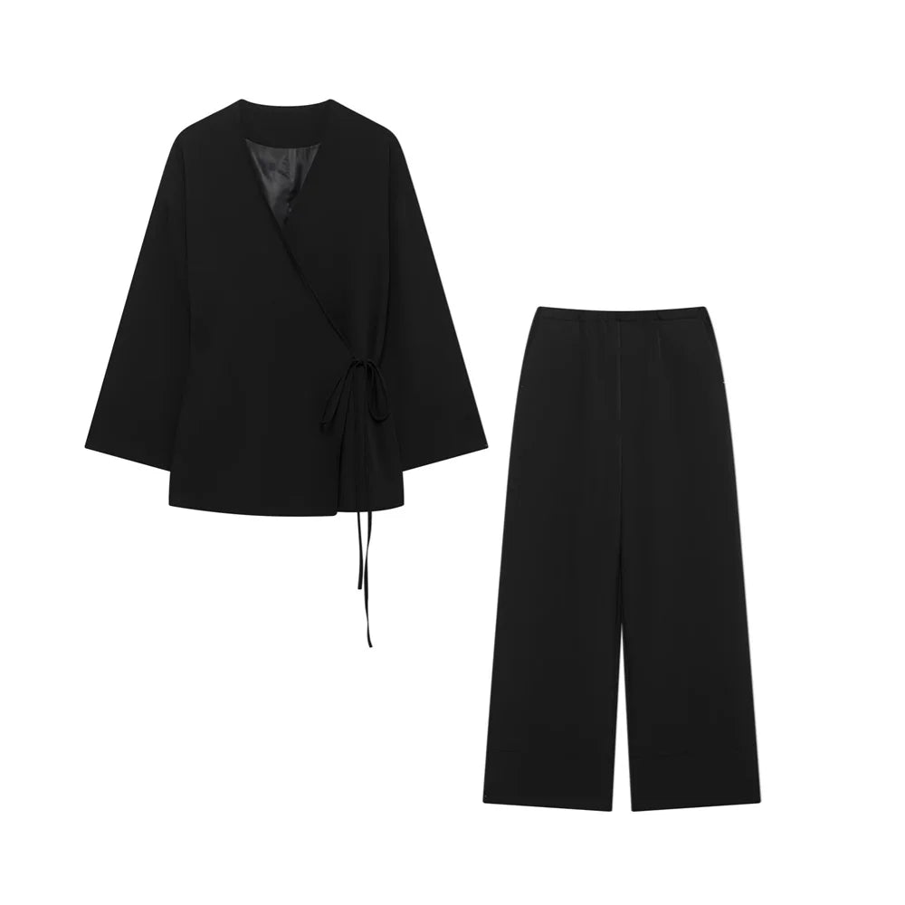 Stylish Women's Double Breasted Kimono Style Suit Jacket and Straight Leg Pants Set Casual Spring Outfit by UNIZERA.