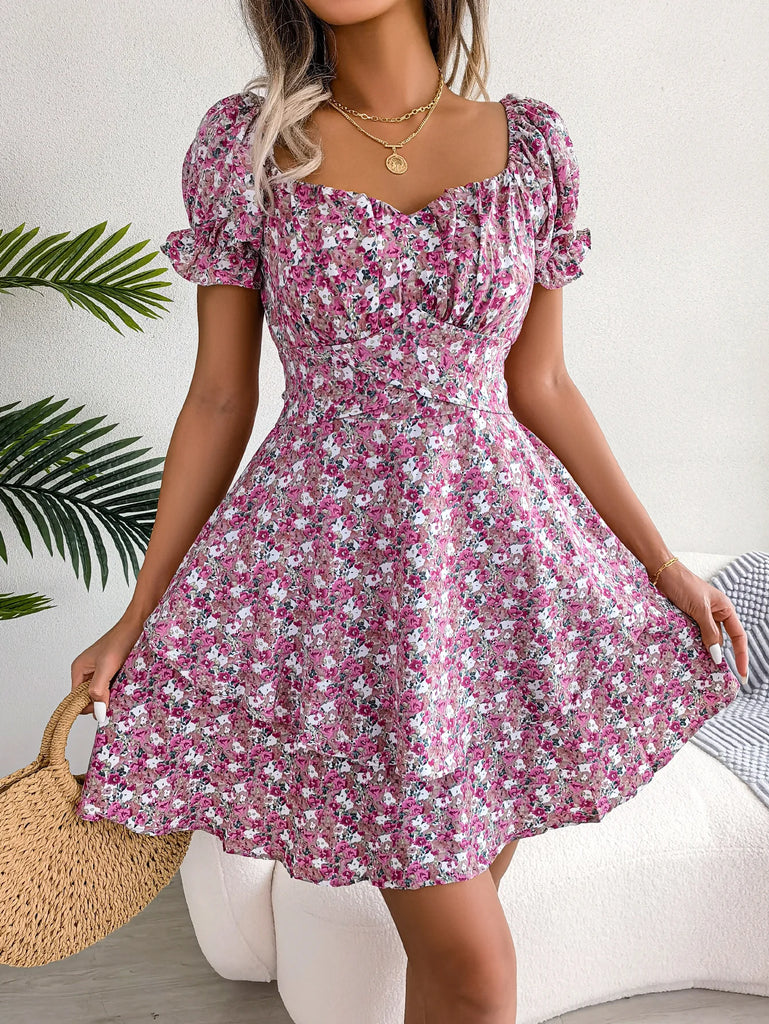 Floral Print Pleated Dress For Women Knee Length Summer