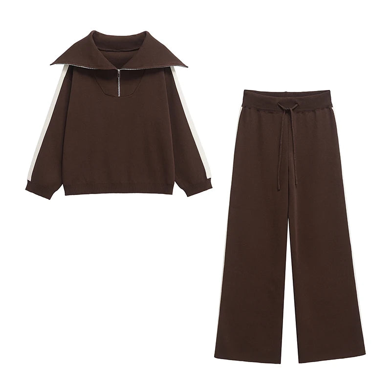 Women's Brown Two Piece Set With Pullover Sweatshirt And Vintage High Waist Trousers Chic Casual Outfit