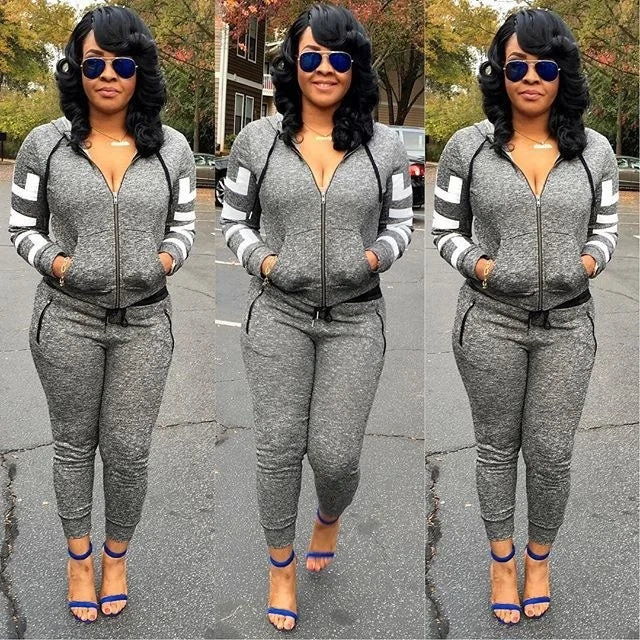 Women's Two Piece Hooded Tracksuit Set For Plus Size Jogger Outfit In Casual Grey