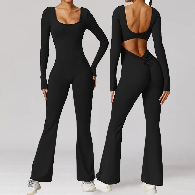 Long Sleeved U-Neck Tight Fit Backless Jumpsuit for Autumn and Winter Yoga Sports and Leisure, perfect for style and comfort.