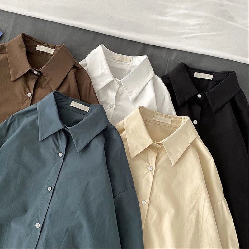 Retro Solid Loose Long Sleeve Shirt Blouse Outerwear Casual Single Breasted Spring Top Simple Trend available in multiple colors.