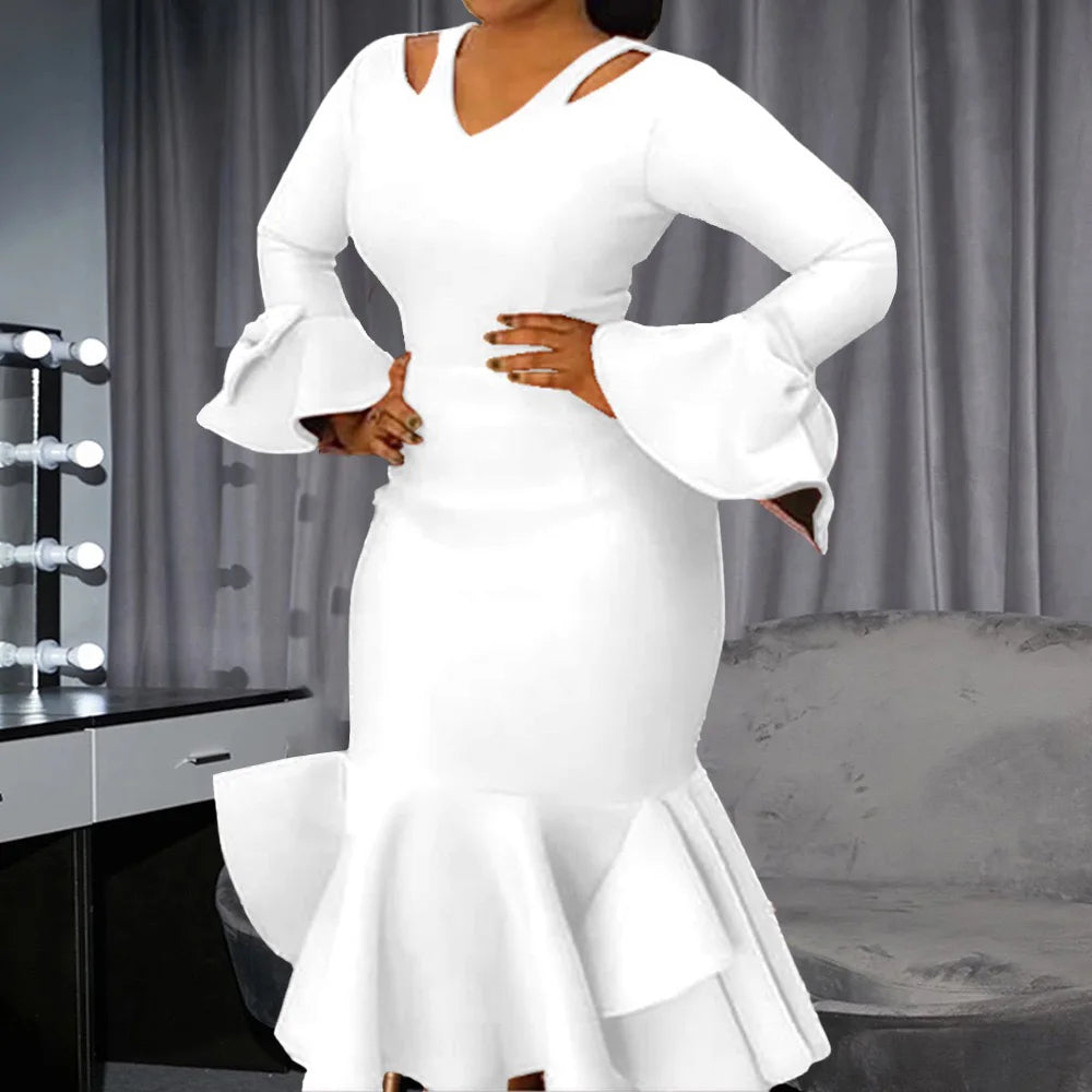 V Neck Sheath Mermaid Dress With Flare Sleeve White Blue