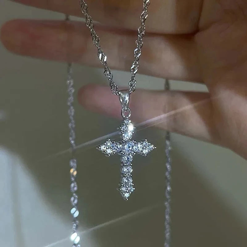Shiny Crystal Zircon Cross Pendant Necklace for Women with Silver Color Thin Chain Party Jewelry Gift, perfect for elegance.