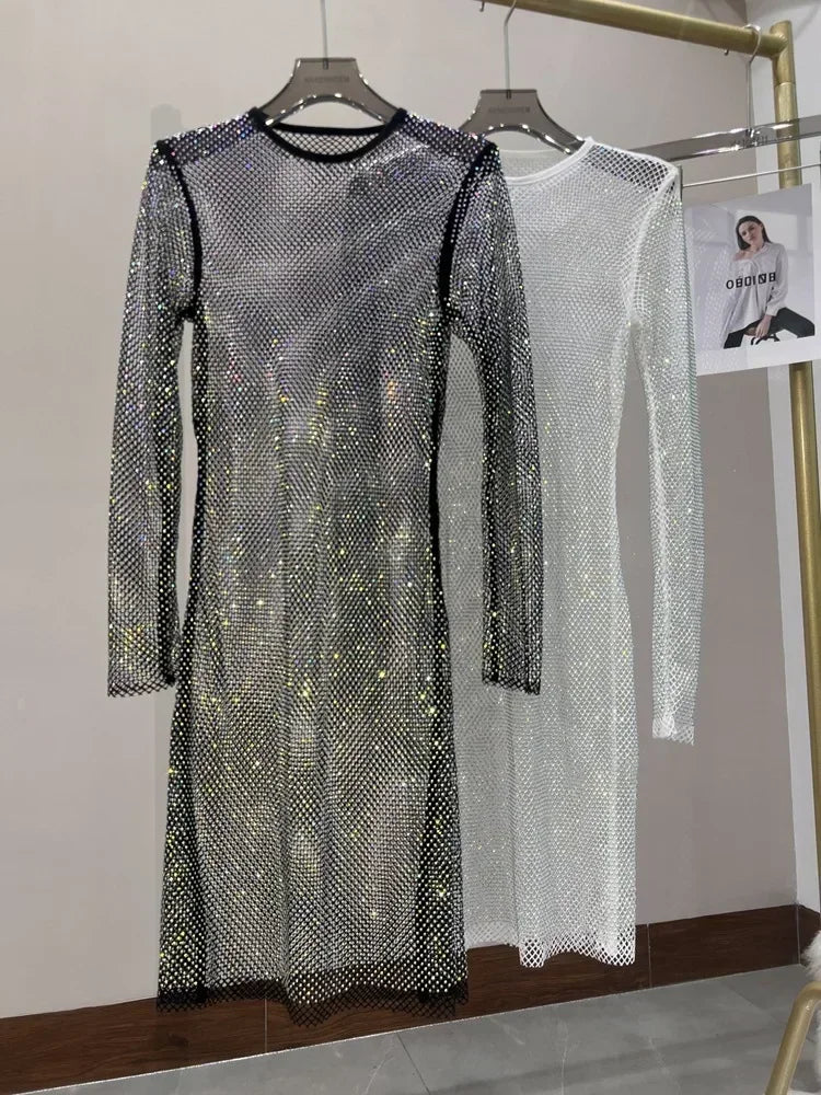 Colorful Sequin Diamond Dress Round Neck Midi Hollow