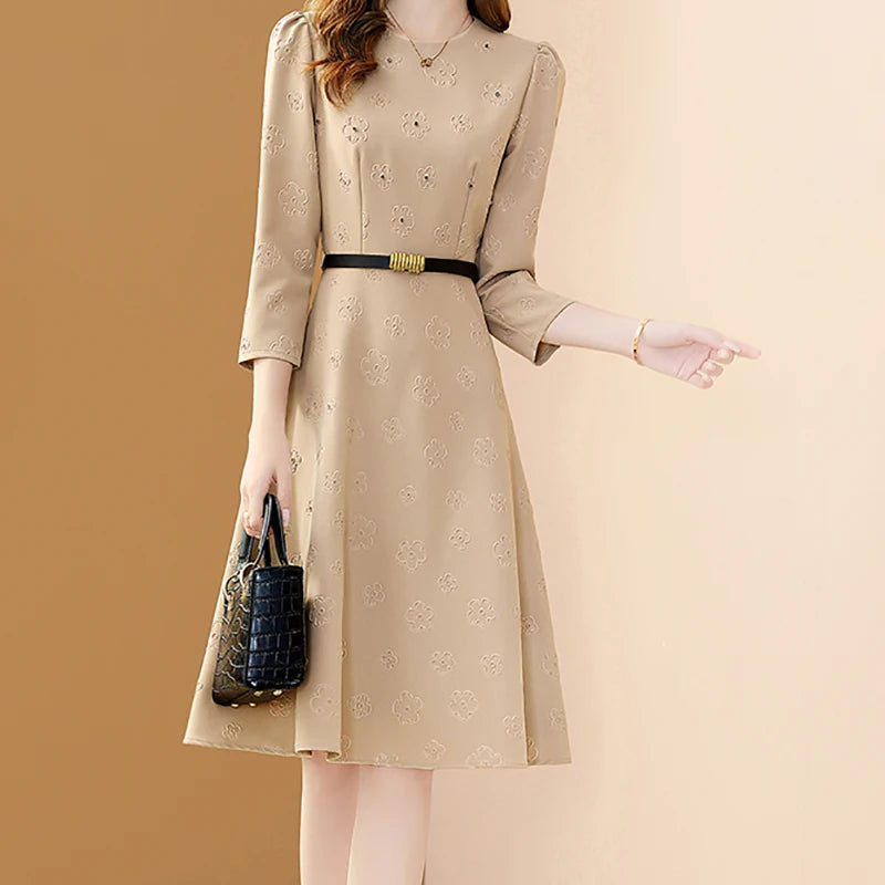 Floral Embroidered Belt Dress for Women O Neck A Line