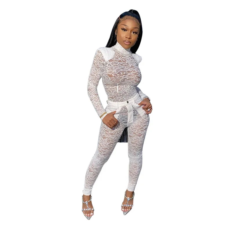 Stunning Lace Hollow Out Bodysuit and Pants Set for Women - Slim Fit Midnight Party Bodycon Outfit for Cocktail Events.