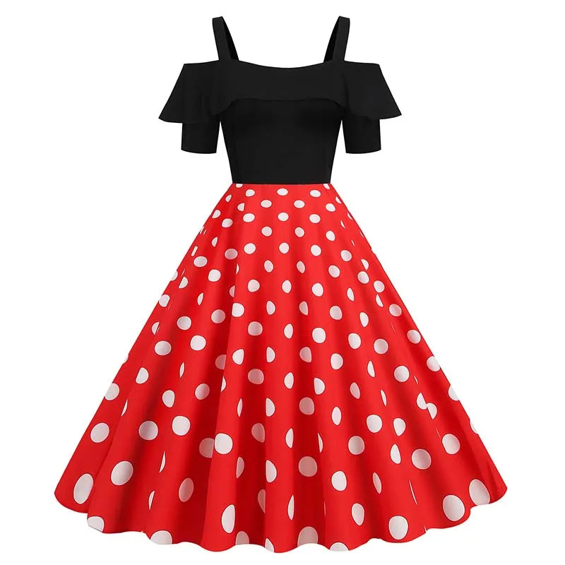 Off Shoulder Polka Dot Party Dress Vintage Fit And Flare
