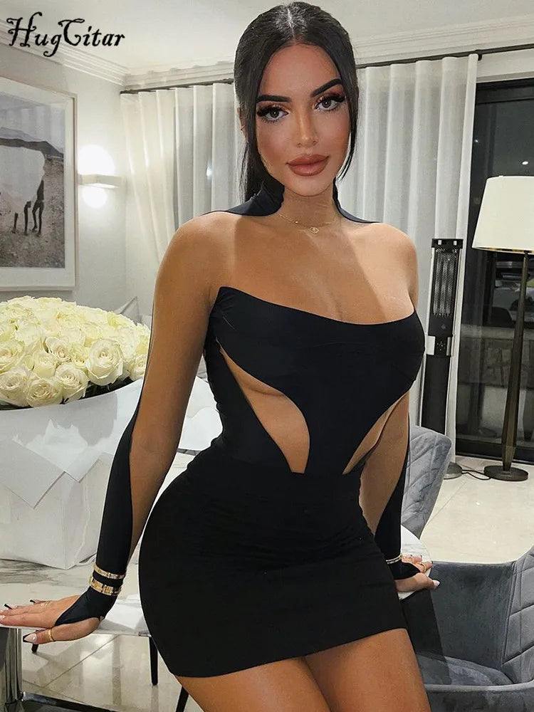 Mesh Patchwork Bodycon Mini Dress For Women See Through