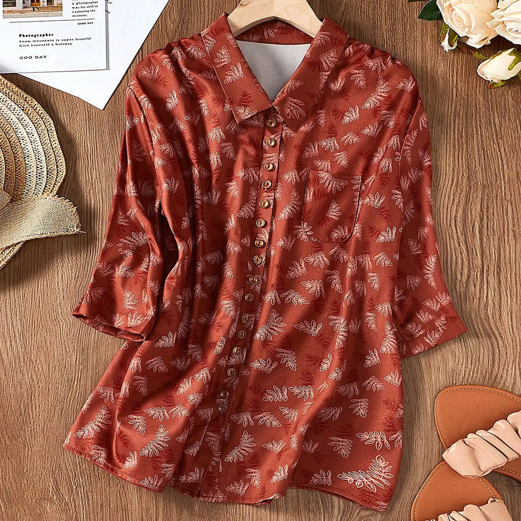 Stylish Elegant Womens Lapel Collar Long Sleeve Button Down Printed Casual Shirt, perfect for office or casual outings.