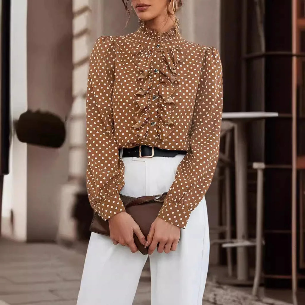 Long Sleeve Polka Dot Button Shirt for Women with Ruffle Detail, perfect for elegant office or casual outings.