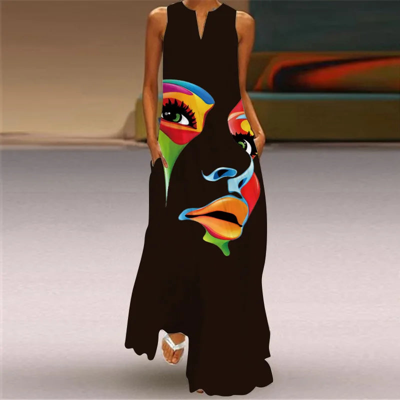 Retro Letter Print Sleeveless Dress With V Neck Style