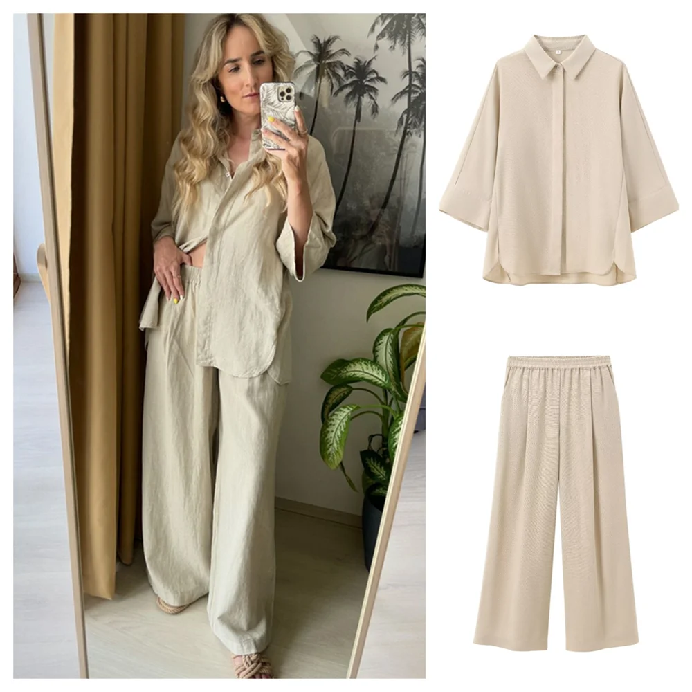 Women's Casual Linen Blend Wide Sleeve Shirt and Straight Leg Pants Set Summer Fashion Elegance Versatile Two-Piece Outfit