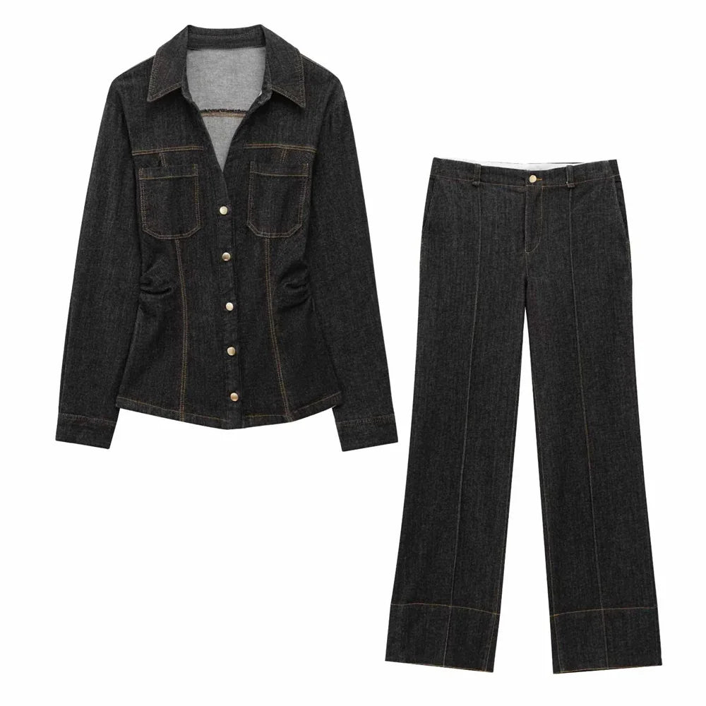 Women's Denim Two Piece Set Slimming Shirt and High Waist Pants Edge Detail