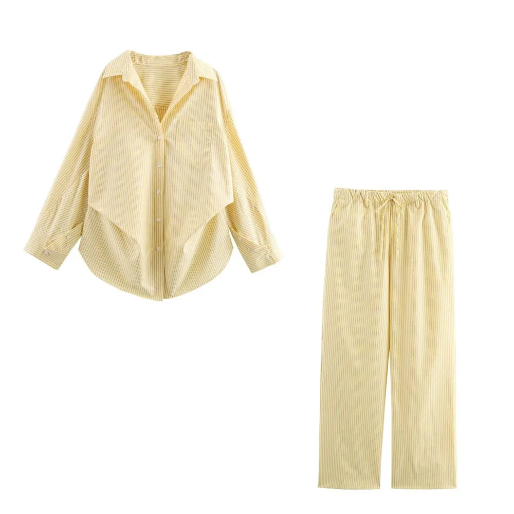 Women’s Loose Poplin Shirt with Classic Collar and Long Sleeves Paired with High Waist Straight Leg Striped Pants Stylish Spring Outfit Set