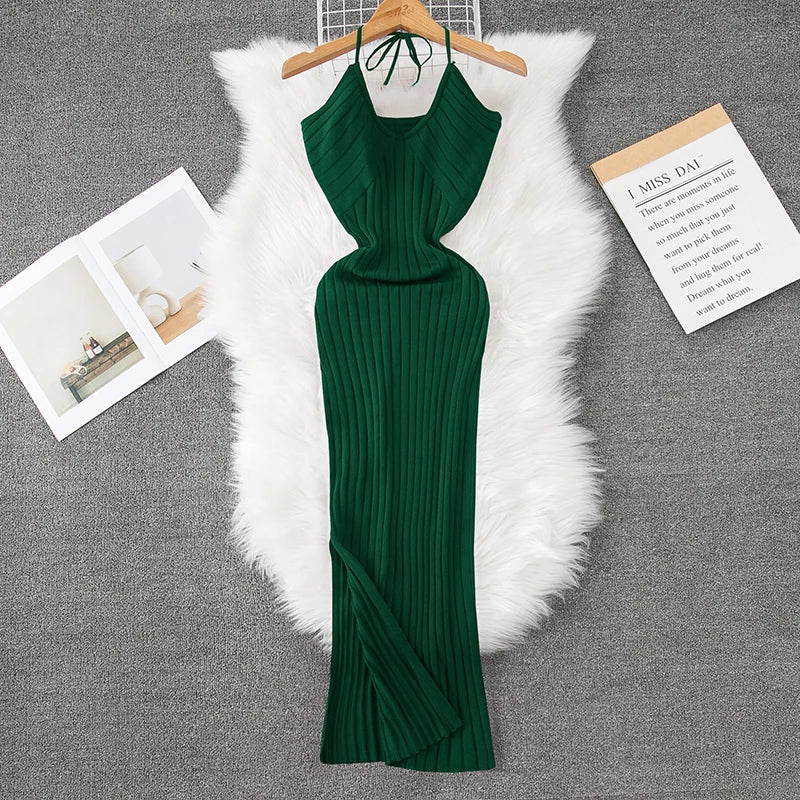 Ribbed Knit Bodycon Wrap Dress With Split Hem For Summer