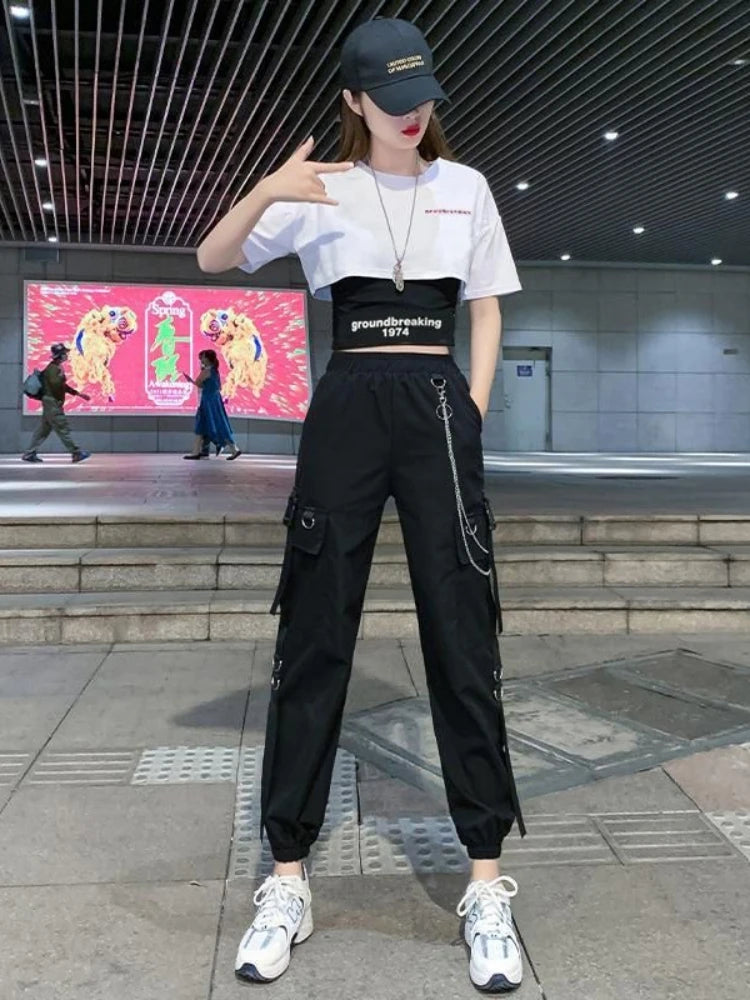Stylish Women's Two Piece Korean Harajuku Set with Cargo Pants and Loose Short Sleeve Shirt perfect for casual outings.