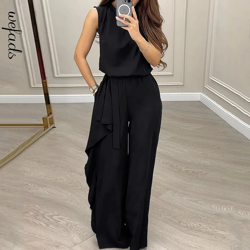 Chic Wefads Women’s Casual 2 Piece Set Sleeveless Round Neck Pullover Top with Loose Ruffled Pants for stylish outings.