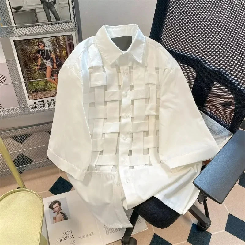Women Short Sleeve Lapel Shirt Hollow Out Patchwork Blouse Loose Waist Casual Chic Poly Blusa by DAYIFUN, stylish and comfy.