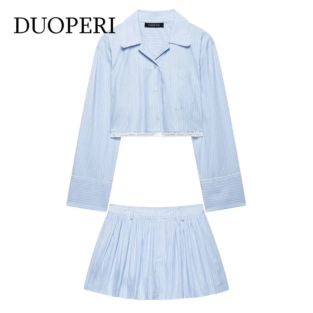 Women’s Chic Two-Piece Blue Striped Long Sleeve Shirt and Front Zipper Mini Skirt Set