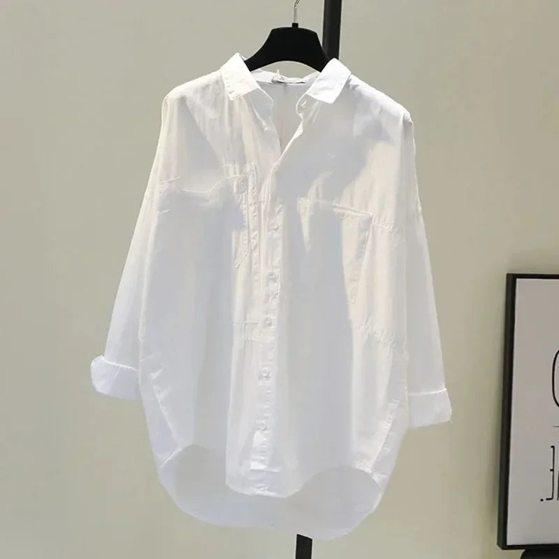 Cotton White Women's Loose Fit Shirt Casual Long Sleeve Blouse Elegant Office Top Comfortable Autumn Wear for stylish days.
