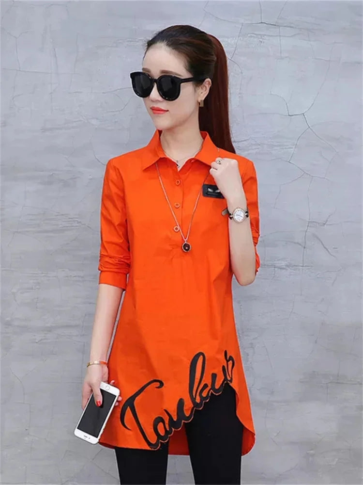 Stylish Women’s Long Sleeve Embroidered Blouse Spring Fashion Loose Fit Ladies Shirt Plus Size Casual Top in vibrant orange.