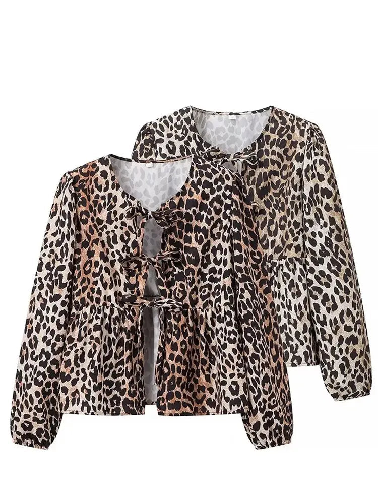 Stylish TRAFZA Women’s Leopard Print Lace-Up Vintage Blouse Casual Loose Fit Y2K Chic Shirt, perfect for trendy outfits.