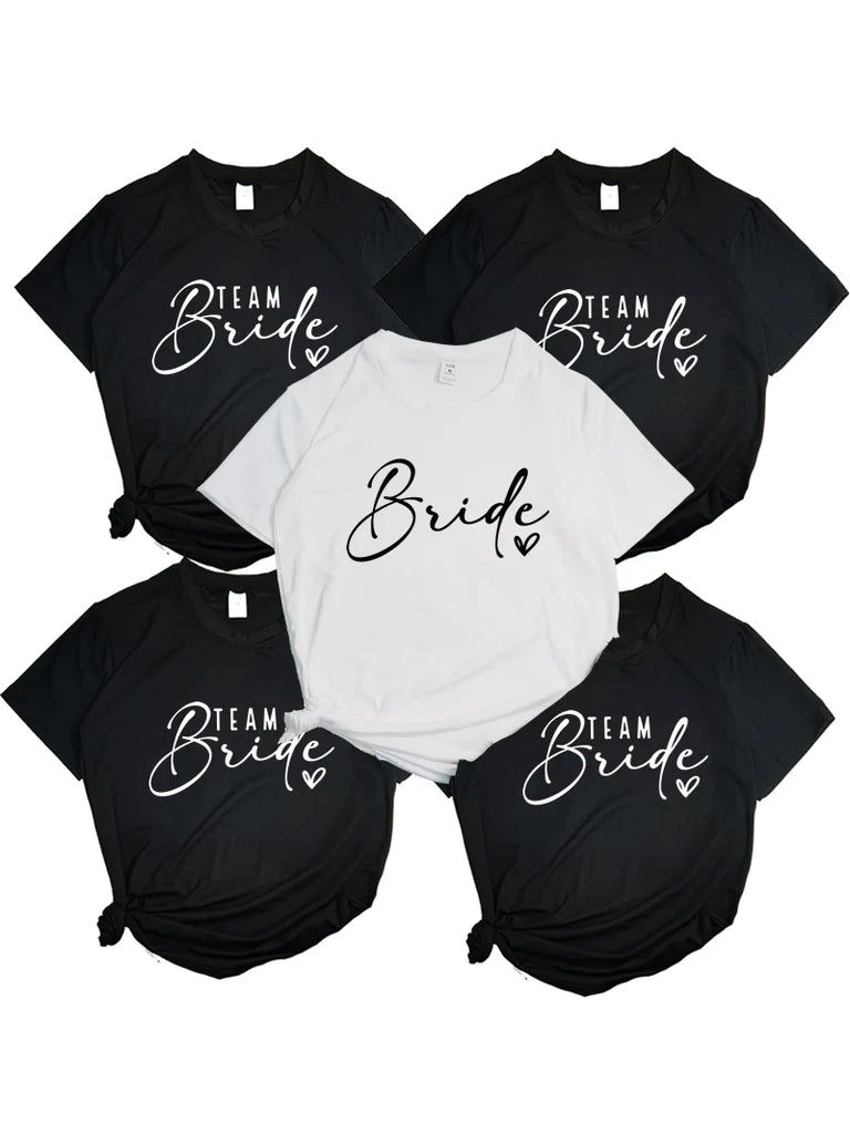 Team Bride Heart Hen Party T-Shirt for Women Wedding Group Tee in Black Pink and White