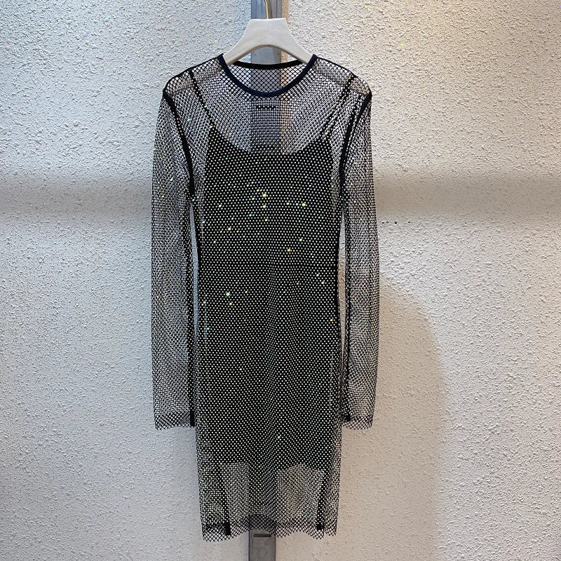 See Through Rhinestone Dress Round Neck Long Sleeve