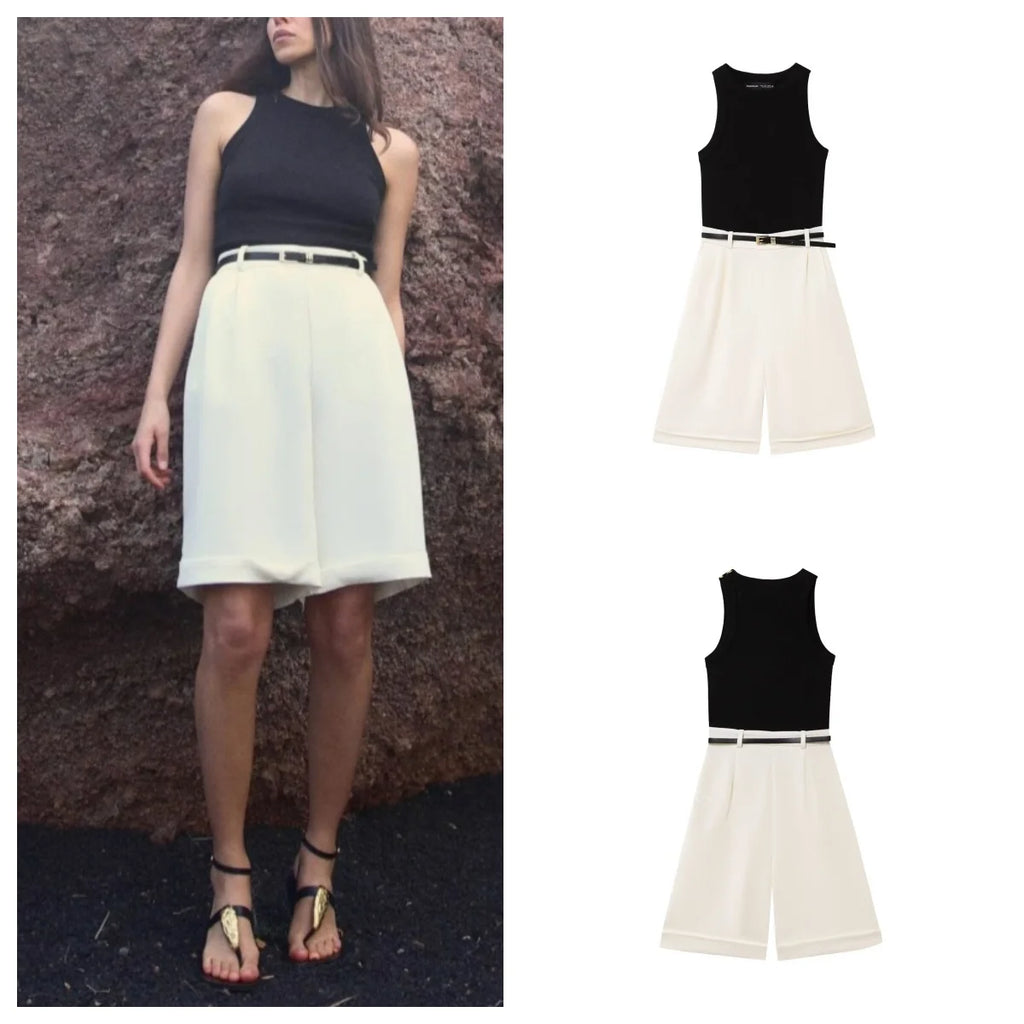 Stylish Slim Fit Sleeveless Jumpsuit with Belt Short Romper perfect for versatile fashion looks in warm weather.