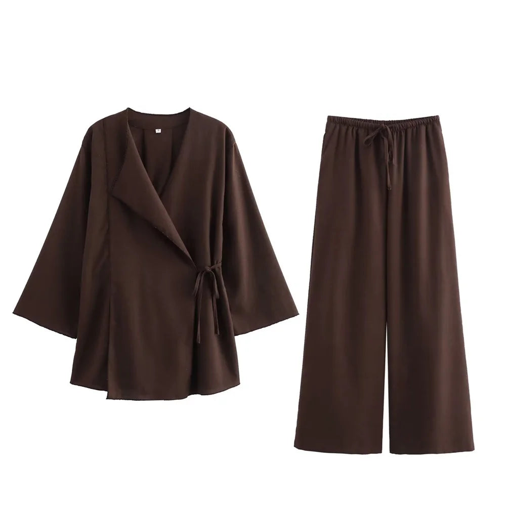 Elegant Solid Color Kimono Coat Set For Women With Cross Front Design And High Waist Wide Leg Pants Casual Chic Style