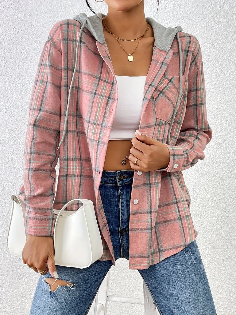 Stylish Women’s Spring Autumn Hooded Plaid Shirt Loose Fit Casual Blouse Long Sleeve Office Top perfect for any occasion.