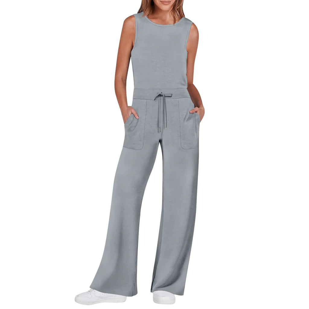 Stylish Women’s Sleeveless Solid Color Casual Jumpsuit with Drawstring Waist Pockets Straight Leg Thin Commuting Outfit.