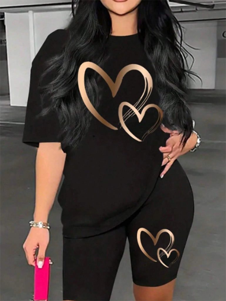 Stylish Love Pattern Print Women Cotton T-Shirt and Polyester Shorts Two-Piece Set, perfect for summer casual hip hop style.