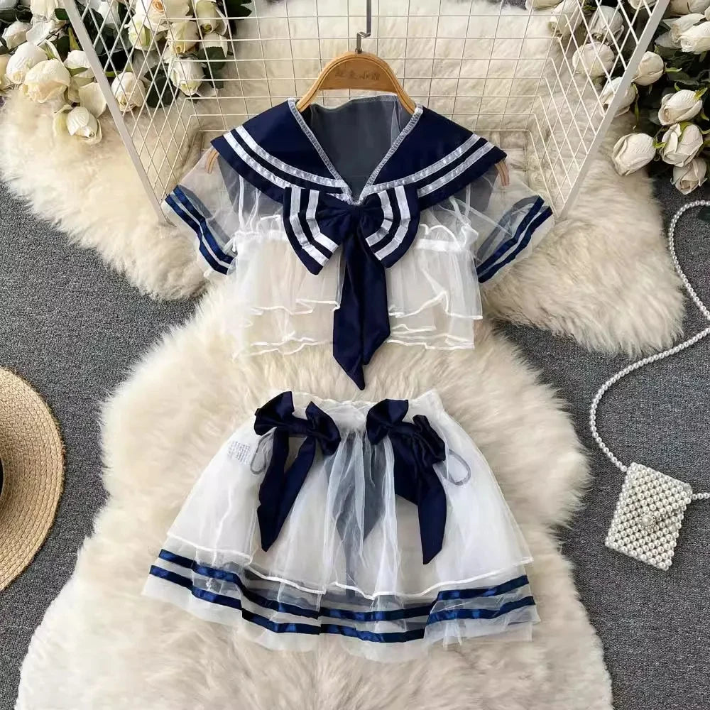 Women Sexy Sheer Transparent Sailor Suit Set Short Sleeve Top With Bow Mini Skirt Sweet Kawaii Cosplay Uniform Pajama