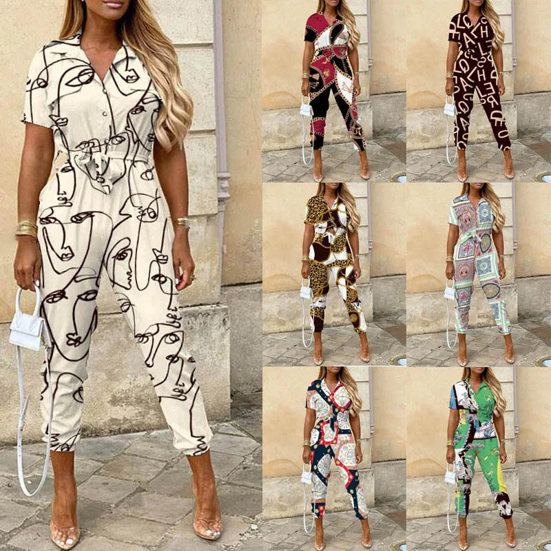 Stylish Summer Casual Women's Jumpsuit with Lapel Collar, Printed Waistband, and Buckle Detail for chic comfort.
