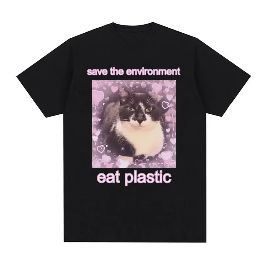 Save The Environment Eat Plastic Cute Cat Graphic T Shirt 100 Percent Cotton Oversized Tee for Men and Women