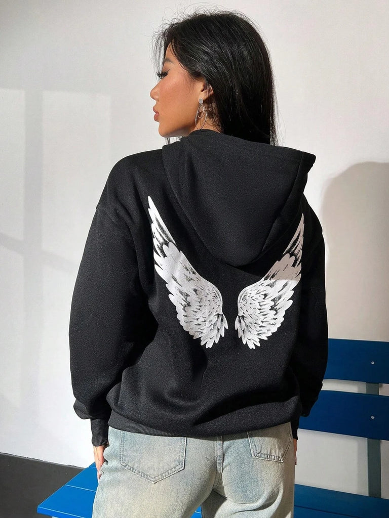 Wings Graphic Back Print Hoodie Women Oversized Loose Fit