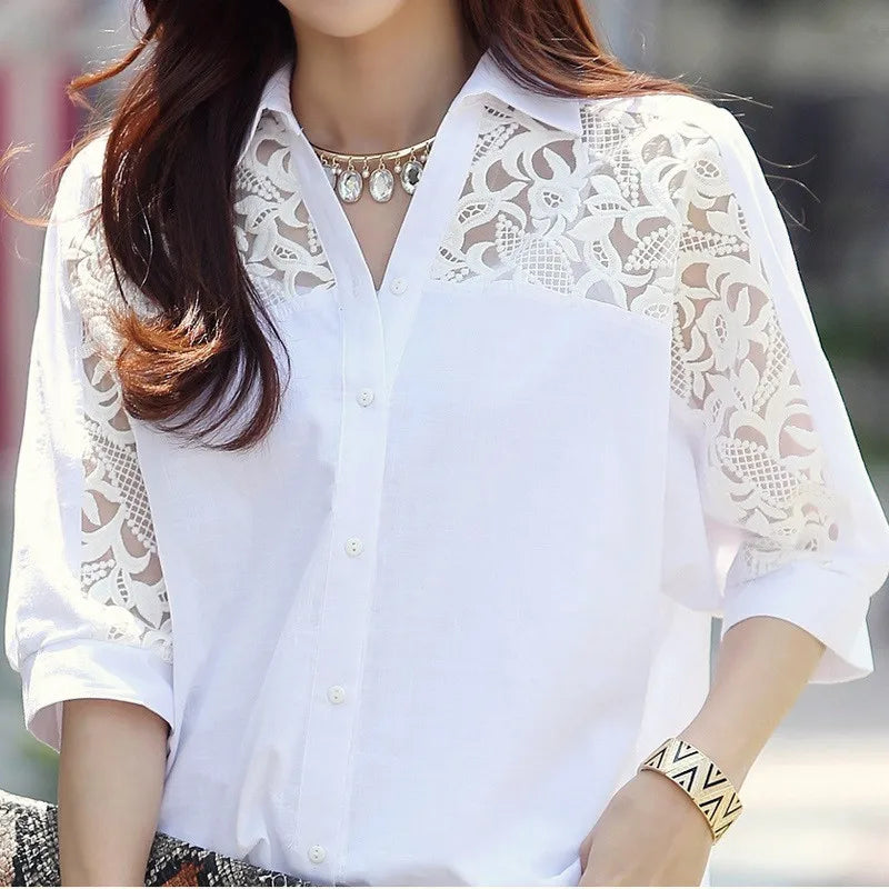 Stylish and breezy, the Sexy White Lace Patchwork Chiffon Button-Up Shirt for Women is perfect for summer outings.