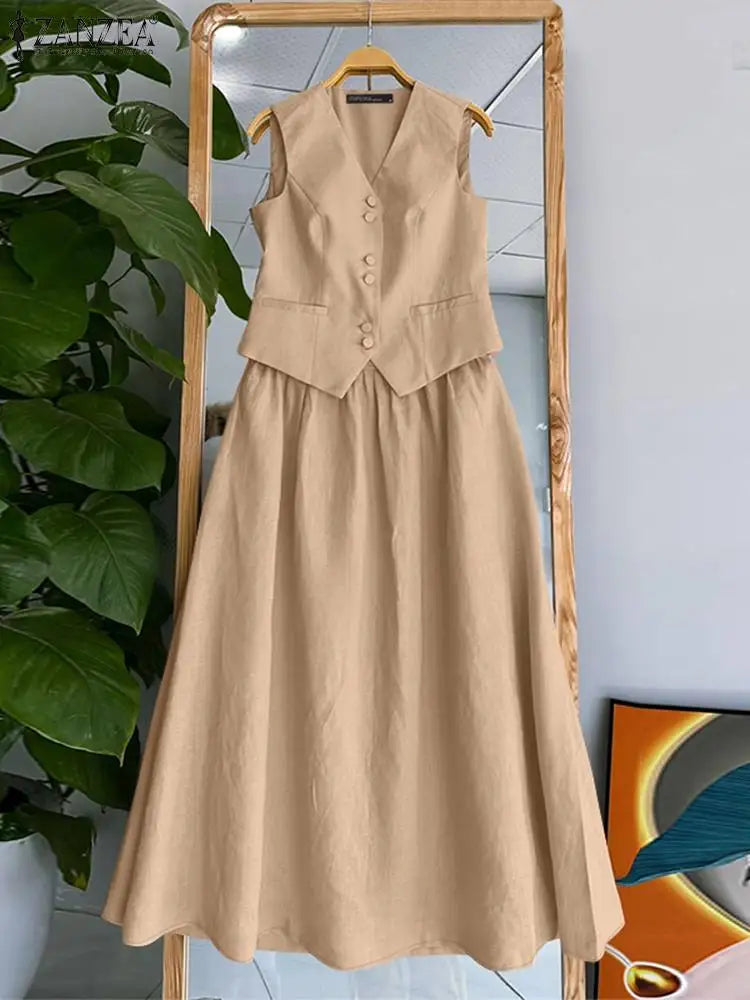 Women Two Piece Office Dress Set Sleeveless Waistcoat Skirt