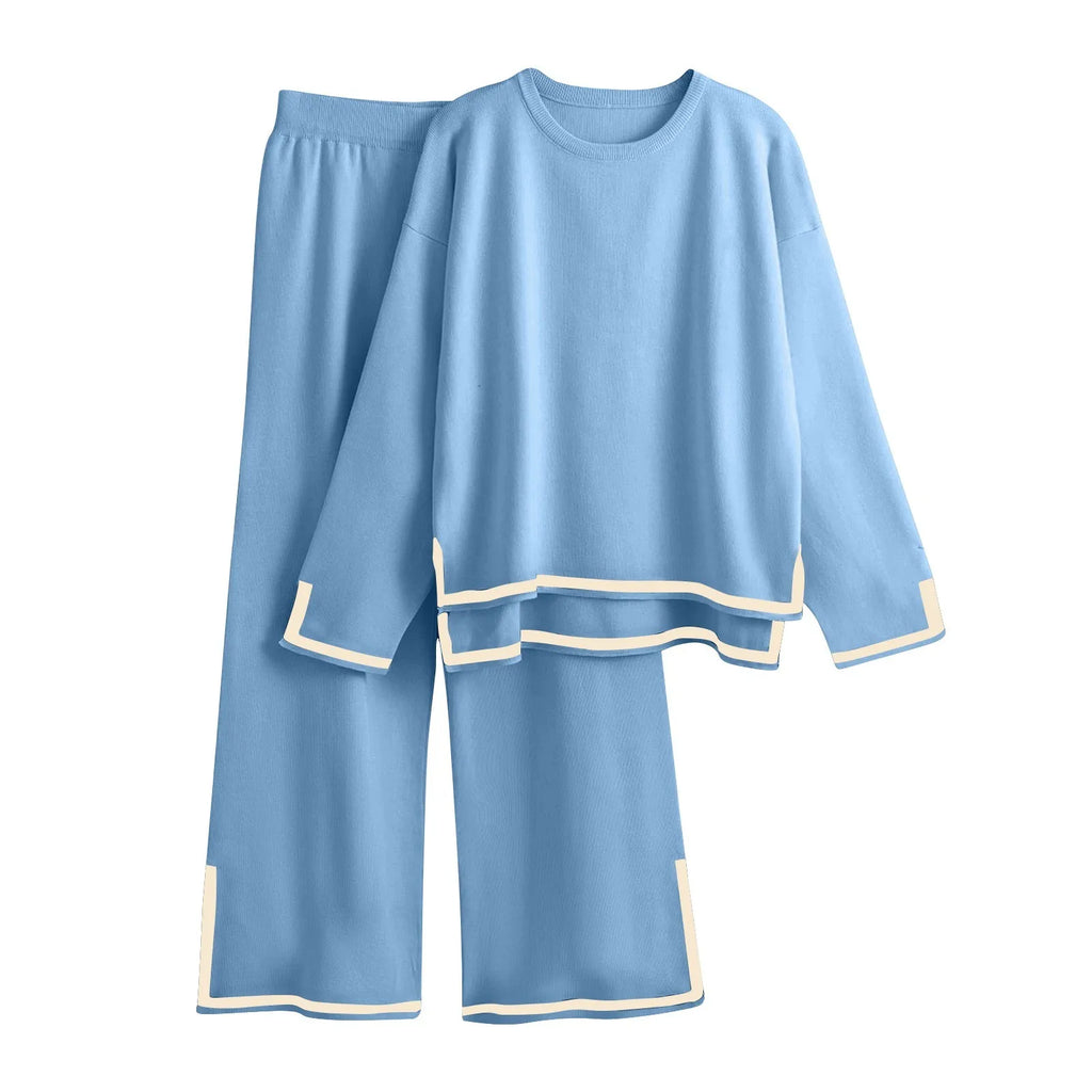 Cozy Knitted Two-Piece Set For Women With Long Sleeve Top And Wide-Leg Pants Winter Lounge Wear